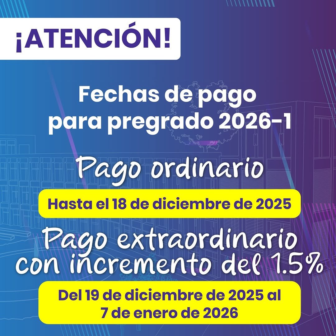 ⏰ Mañana vence el pago ordinario de la matrícula de pregrado para estudiantes NUEVOS.

Evita recargos y asegura tu cupo realizando el pago dentro del plazo establecido. No lo dejes para último momento y continúa tu proceso académico sin contratiempos.

👉 Haz tu pago hoy y evita costos adicionales.