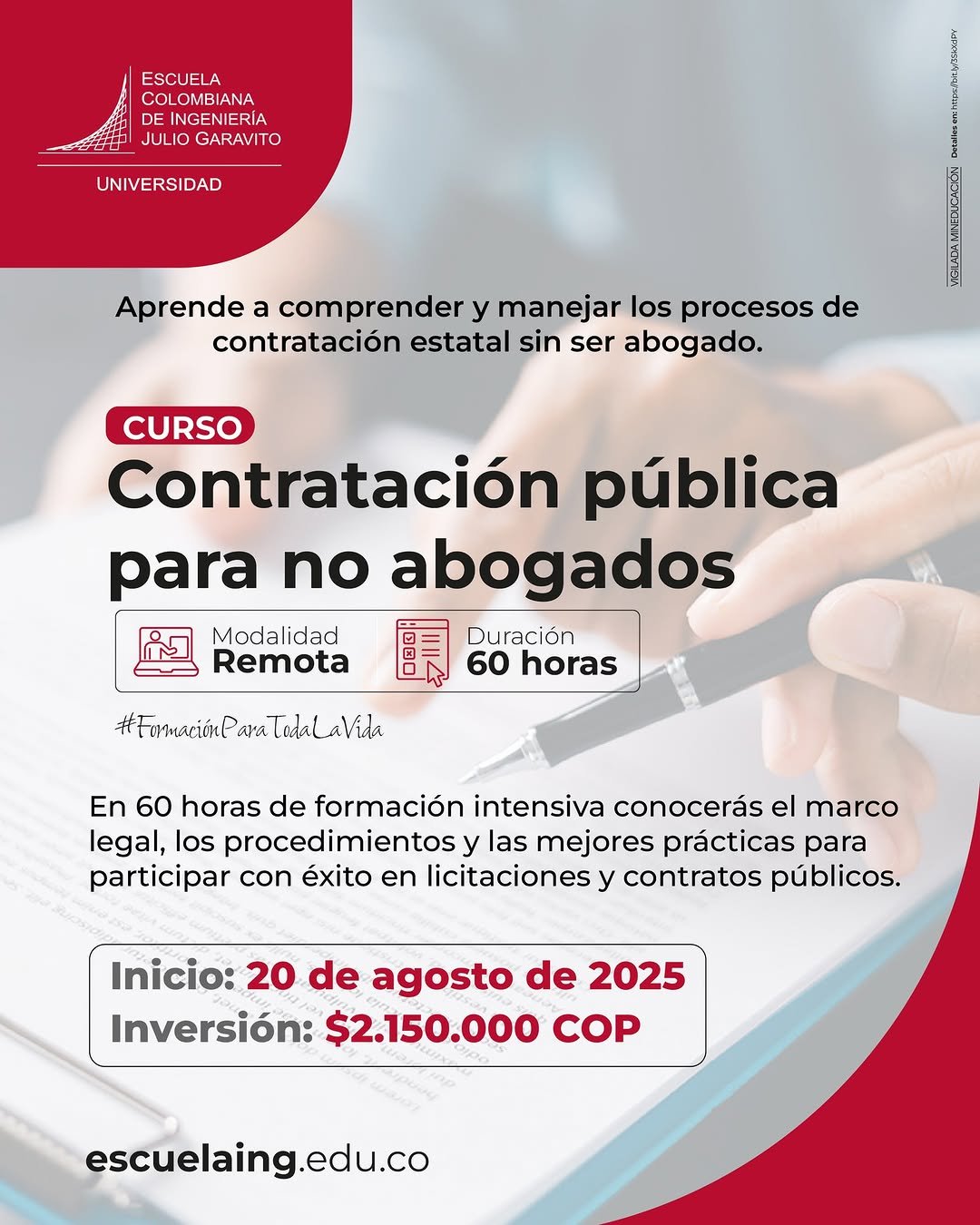 Nuestro Curso en Contratación Pública para No Abogados de la Escuela Colombiana de Ingeniería ahora será más completo 💡.

🗓️ Inicio: 20 de agosto
👨‍🏫 Más conferencistas y nuevos módulos actualizados
💰 Sin aumento en el precio
Queremos que tengas la mejor formación para moverte con seguridad en el mundo de la contratación estatal.

✅ ¿Quieres conocer el nuevo programa? Déjalo en los comentarios o envíanos un mensaje y te contamos todo.