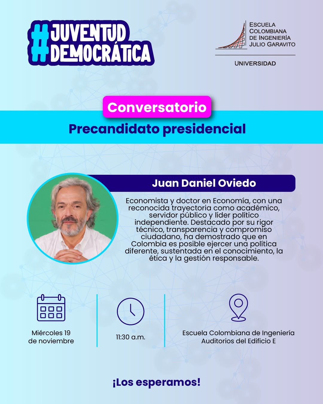 En el marco de nuestra campaña 🗳️💬 #JuventudDemocrática, abrimos un espacio de diálogo donde distintos precandidatos presidenciales visitan nuestra universidad para conversar con la comunidad, escuchar sus perspectivas y compartir sus propuestas para el país.

En esta ocasión, nos acompañará Juan Daniel Oviedo.

Un encuentro para informarnos, participar y ser parte activa de la construcción democrática. ¡Te esperamos!