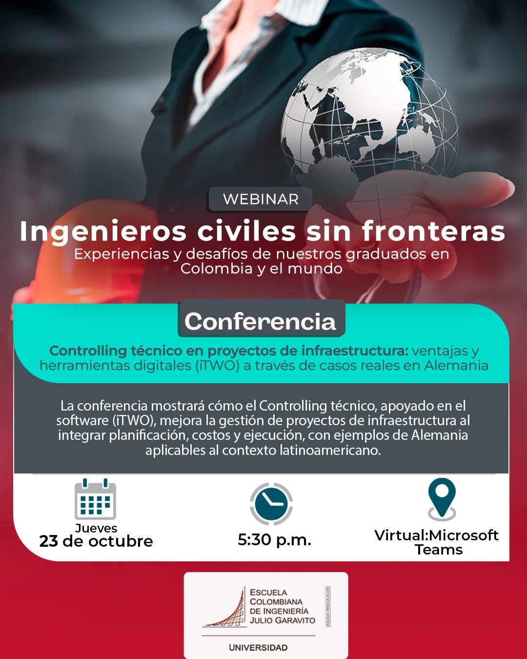 🌍 Ingenieros civiles sin fronteras.🌍

Descubre cómo nuestros graduados están transformando el mundo de la infraestructura desde distintos lugares del planeta.

💡 Acompáñanos en la conferencia:
“Controlling técnico en proyectos de infraestructura: ventajas y herramientas digitales (iTWO) a través de casos reales en Alemania”, con Francisco Javier Ángel Neme, graduado de la Escuela y especialista en proyectos internacionales.

🗓 Jueves 23 de octubre
🕠 5:30 p.m.
💻 Virtual por Microsoft Teams

🔗 ¡Inscríbete ahora y amplía tu visión profesional! 👉🏼 https://forms.office.com/r/aRRAL8QUAw