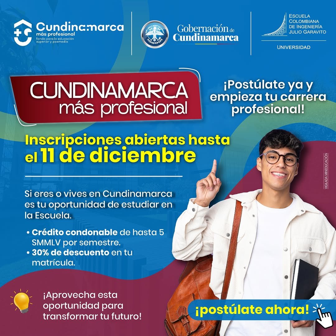 ¡Últimos días para transformar tu futuro! 
 Hasta el 11 de diciembre está abierta la segunda convocatoria del Fondo Cundinamarca Más Profesional. Una oportunidad única para que puedas estudiar en La Escuela, y darle un impulso a tu proyecto de vida 💪✨. Infórmate, postúlate y ¡sé protagonista de tu crecimiento! 📚 Más info en nuestra bio.