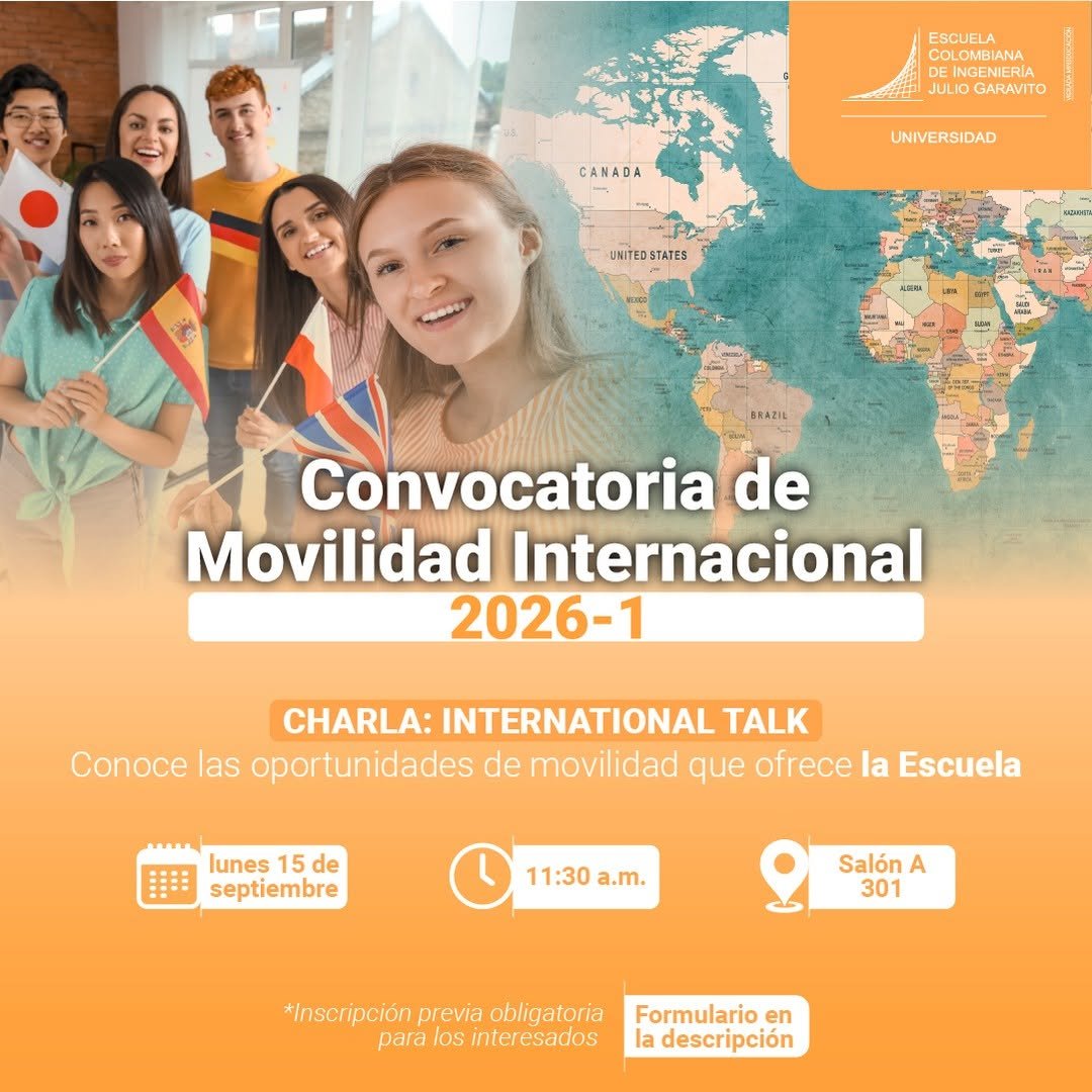 🌍✈️ ¿Quieres estudiar y vivir una experiencia académica internacional?
¡Esta es tu oportunidad!
Desde la Oficina de Relaciones Internacionales (ORI) te invitamos a nuestra próxima International Talk, donde conocerás todos los detalles sobre la convocatoria de Movilidad Internacional 2026-1.
📚 ¿Qué podrás conocer?
✅ Requisitos para aplicar
✅ Tipos de programas de movilidad
✅ Cronograma y pasos del proceso
✅ Destinos disponibles
✅ Espacio de preguntas al final

📍 Inscríbete aquí: https://forms.office.com/Pages/ResponsePage.aspx?id=hAVkUEAqFkKoS5s-4PP2z4BgkPxvQf5PrBfJirF6MW5UNUh…