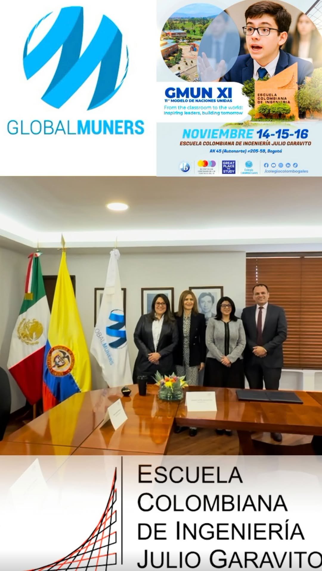 El Colegio Colombo Gales ha firmado un convenio con la Escuela Colombiana de Ingeniería Julio Garavito, en alianza con Global Muners, para fortalecer nuestro Modelo de Naciones Unidas (GMUN).
Este acuerdo impulsa a nuestros estudiantes como líderes globales comprometidos con el diálogo, el pensamiento crítico y los Objetivos de Desarrollo Sostenible, además de permitirnos participar en la IV Conferencia GlobalMUNers en Nueva York, en abril de 2026.