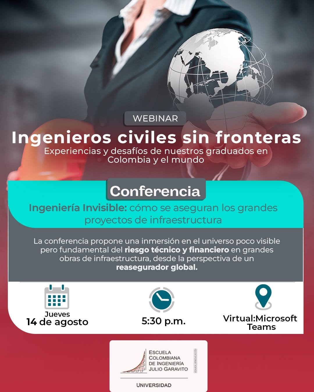 𝗪𝗲𝗯𝗶𝗻𝗮𝗿 | 𝗜𝗻𝗴𝗲𝗻𝗶𝗲𝗿𝗶́𝗮 𝗜𝗻𝘃𝗶𝘀𝗶𝗯𝗹𝗲: 𝗰𝗼́𝗺𝗼 𝘀𝗲 𝗮𝘀𝗲𝗴𝘂𝗿𝗮𝗻 𝗹𝗼𝘀 𝗴𝗿𝗮𝗻𝗱𝗲𝘀 𝗽𝗿𝗼𝘆𝗲𝗰𝘁𝗼𝘀 𝗱𝗲 𝗶𝗻𝗳𝗿𝗮𝗲𝘀𝘁𝗿𝘂𝗰𝘁𝘂𝗿𝗮

En esta nueva sesión del ciclo "Ingenieros Civiles sin Fronteras", te invitamos a descubrir el papel estratégico de la ingeniería invisible:  cómo se evalúan, suscriben y aseguran los proyectos más complejos del mundo.

👤 Invitado especial: Néstor Calderón, ingeniero civil y Senior Engineering Underwriter en Swiss Re America, con experiencia en proyectos en América Latina y EE. UU.

Inscríbete aquí 👉 https://bit.ly/4fsiQet

#IngenieríaCivil #IngenierosCiviles #IngenieríaInvisible
