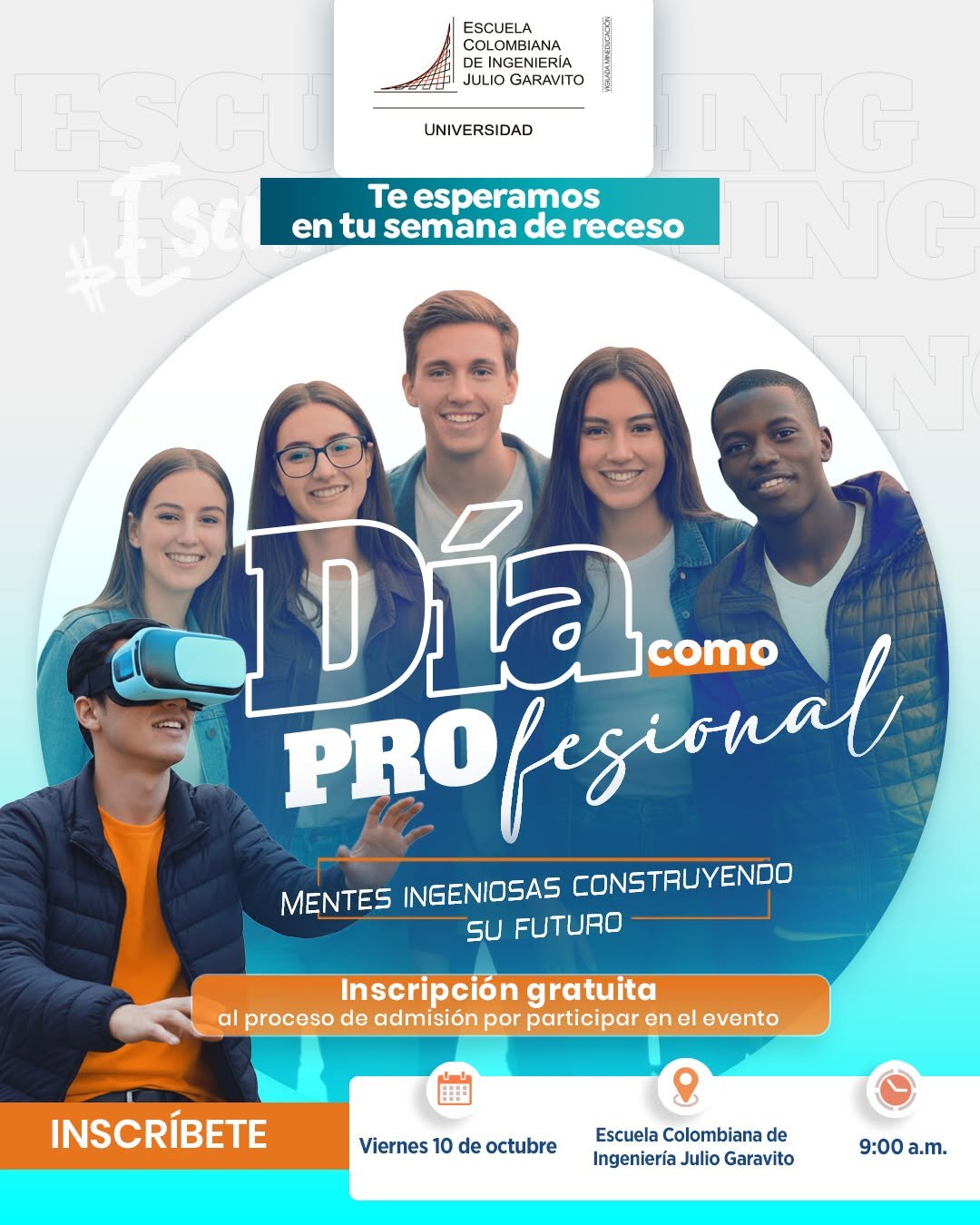 ¿Estás a punto de iniciar tu vida universitaria? ¡No te pierdas el Día como Profesional! 😀

La Escuela Colombiana de Ingeniería te invita a una jornada llena de actividades y experiencias que te ayudarán a recibir la mejor orientación profesional para tomar decisiones con confianza.

Descubre y vive el universo profesional de tus sueños: un espacio interactivo donde explorarás, descubrirás y vivirás tu futura carrera a través de experiencias creativas y prácticas.

¡En tu semana de receso ven con tu familia y amigos y disfruta con nosotros!

Regístrate aquí 👉https://forms.office.com/pages/responsepage.aspx?id=hAVkUEAqFkKoS5s-4PP2z_S8Jr4999ZJsNTiRYVfy1JUNjFLTjEyU1NJWFU2UEcwS0Y0N1ZIQTIySi4u&route=shorturl