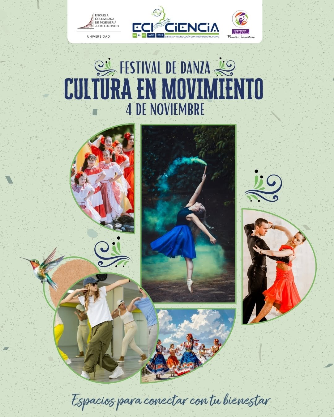 💃 Festival de Danza – Cultura en Movimiento
Una muestra vibrante de transformación, movimiento y unidad a través de la danza.
Este festival tiene como propósito:

• Fomentar la integración cultural entre distintas comunidades.
• Celebrar la diversidad a través del arte de la danza.
• Impulsar el trabajo colaborativo entre la academia y el territorio.
• Promover la inclusión y la transformación social a través del movimiento.

Llega el Festival de Danza “Cultura en Movimiento”, un encuentro lleno de ritmo, color y pasión donde la comunidad vibra al compás de la inclusión y la creatividad.

🗓️ Martes 4 de noviembre | ⏰ 1:00 p.m. a 4:00 p.m.
📍 En el marco de ECICIENCIA 2025
Si haces parte de un grupo de danza, ¡este escenario es para ti!
💃 Inscríbete hasta el 20 de octubre aquí 👉 https://forms.cloud.microsoft/r/0ZZwahsmP9
#ECICIENCIA2025 #FestivalDeDanza #CulturaEnMovimiento #ArteQueInspira