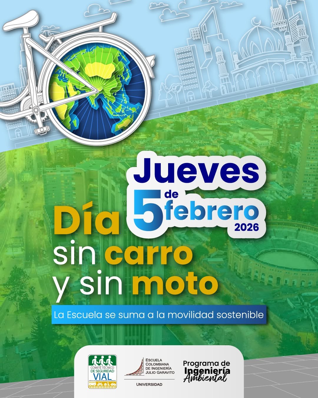 🚲 Este 𝟓 𝐝𝐞 𝐟𝐞𝐛𝐫𝐞𝐫𝐨 nos movemos diferente. 

En el 𝐃𝐢́𝐚 𝐒𝐢𝐧 𝐜𝐚𝐫𝐫𝐨 𝐲 𝐬𝐢𝐧 𝐌𝐨𝐭𝐨, te invitamos a elegir alternativas más sostenibles para llegar a la universidad. 

✔️ Usa bicicleta o patineta con precaución 
✔️ Usa transporte público
✔️ Planea tu ruta con tiempo

Te invitamos a tener en cuenta algunas recomendaciones en: https://acortar.link/7nmOdP

¡El mejor plan: movernos sin contaminar!