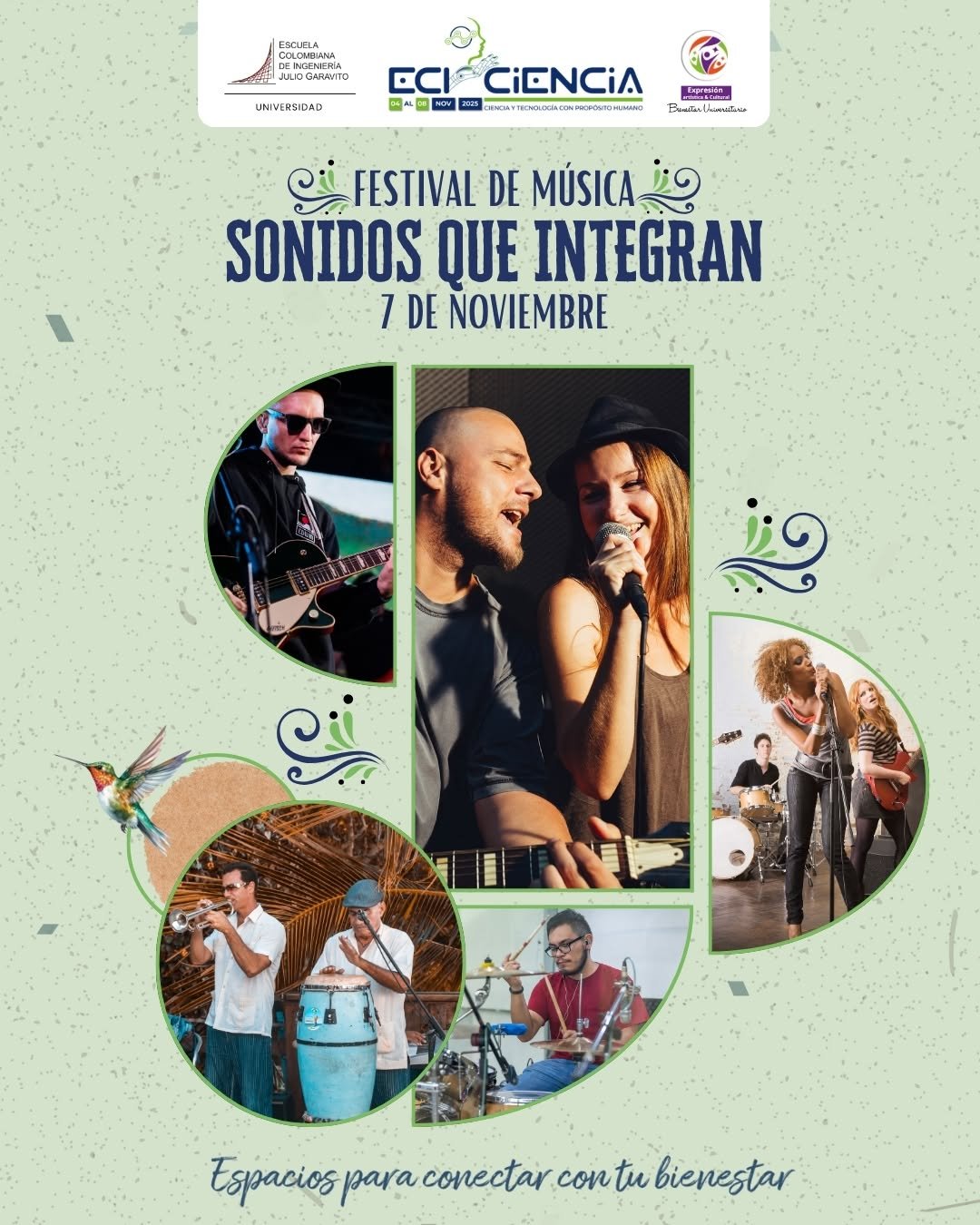 🎶 Festival de Música – Sonidos Que Integran. 
¡La música nos une, nos mueve y nos transforma! 🎤🎸
Te invitamos a ser parte del Festival de Música “Sonidos Que Integran”, un espacio donde los ritmos, las voces y las emociones conectan a toda nuestra comunidad.
🗓️ Viernes 7 de noviembre | ⏰ 9:00 a.m. a 1:00 p.m.
📍 En el marco de ECICIENCIA 2025
Si tienes una banda o haces parte de una agrupación musical, ¡este es tu momento!
🎵 Inscríbete hasta el 20 de octubre aquí 👉 https://forms.cloud.microsoft/r/pUFi9GtfR4