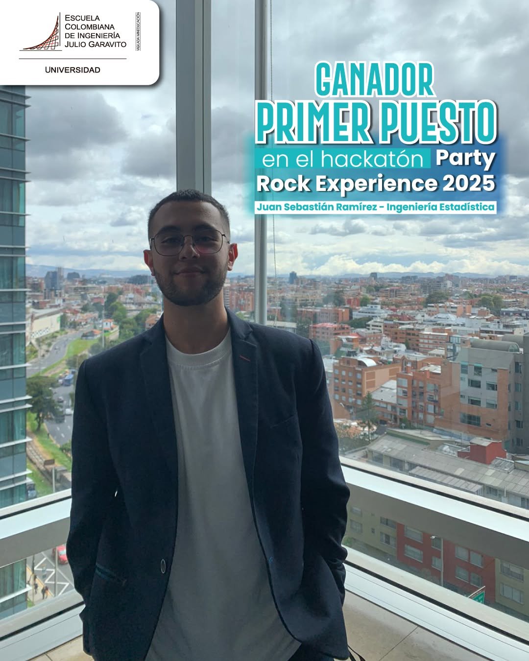 #OrgulloEscuela 

Juan Sebastián Ramírez, estudiante del Programa de #IngenieríaEstadística, obtuvo el primer lugar en el Hackathon Party Rock Experience 2025, un espacio que reunió a más de 300 jóvenes para crear, aprender y proyectar su futuro en IA.

¡Felicitamos a Juan Sebastián, por dejar en alto el nombre de La Escuela!